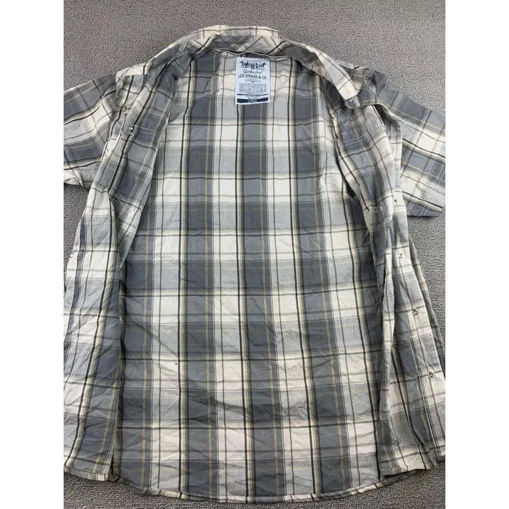Levi’s Western Snap Shirt Men's L Gray Plaid‎ Short Sleeve Pearl Snaps